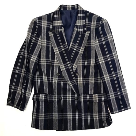80s vintage window pane plaid oversized double-breasted NAVY/WHITE wool jacket - Picture 1 of 15